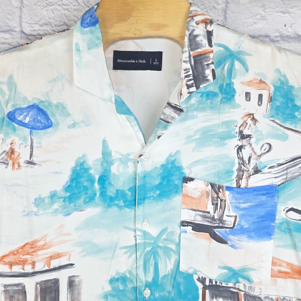 Abercrombie & Fitch Men Button Hawaiian Watercolor Beach Camp Shirt Size Large